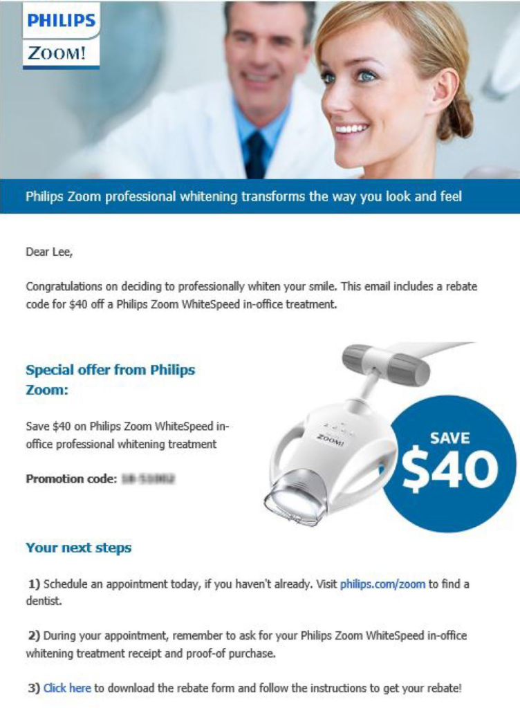 Philips ZOOM Whitening Rebate Promotion Code email example