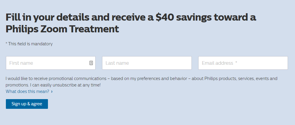 screenshot from Philips website showing sign up and agreement area